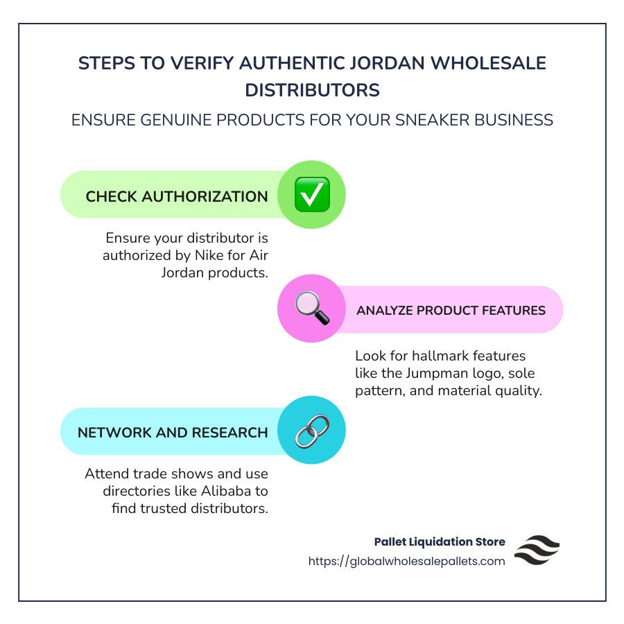 Infographic showing steps to identify authentic jordan wholesale distributors, including checking authorization, networking at trade shows, and verifying product features. - authentic jordan wholesale distributors infographic infographic-line-3-steps-colors Infographic showing steps to identify authentic jordan wholesale distributors, including checking authorization, networking at trade shows, and verifying product features. - authentic jordan wholesale distributors infographic infographic-line-3-steps-colors